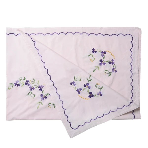 Rice Rectangular Soft Pink Tablecloth Hand Embroidered Flowers