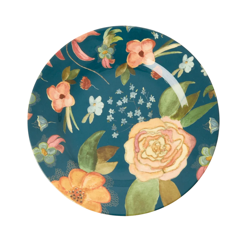 Rice round melamine side plate dark blue selmas fall flower print