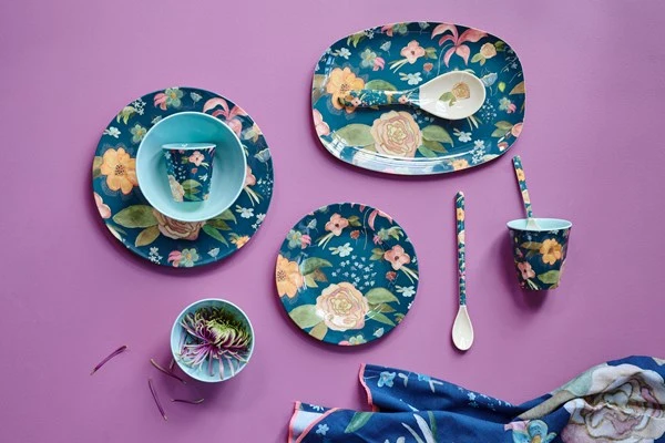 Rice small melamine bowl dark blue selma's fall flower print
