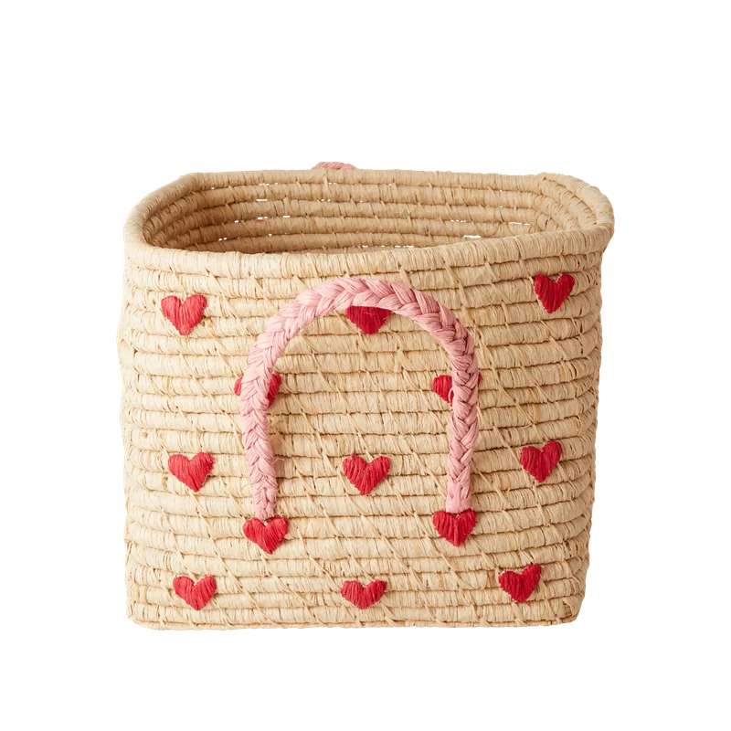 Rice square raffia basket naturel hearts