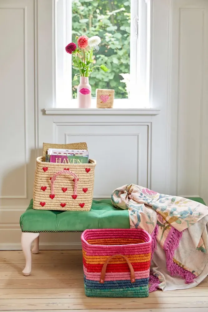 Rice square raffia basket naturel hearts
