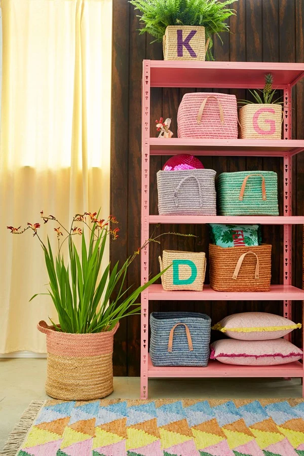 Rice square raffia basket soft pink