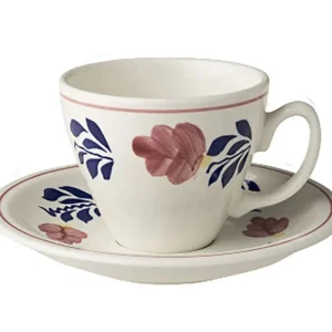 Royal Boch Boerenbont Set 6 Tassen en ondertassen 0,19l Crème met decor Aardewerk