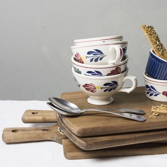 Royal Boch Boerenbont Set4 Bowls (met handvat) van 13cm Crème met decor Aardewerk