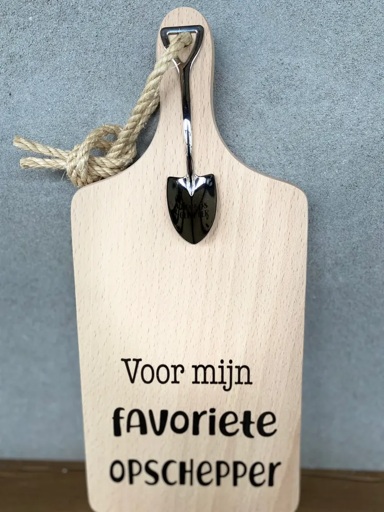 Serveerplankje met Lepeltje - Opscheppen Kampioen - 35 cm - Hout - Metaal