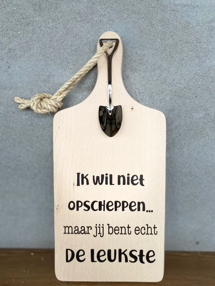 Serveerplankje met Lepeltje - Opscheppen De leukste - 35 cm - Hout - Metaal