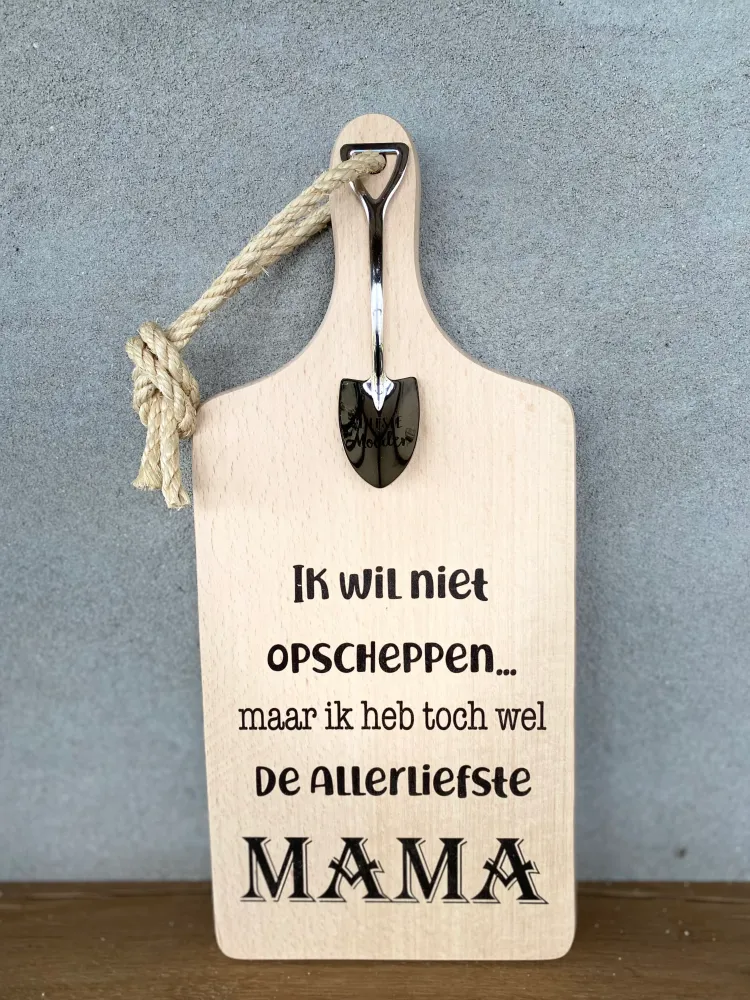 Serveerplankje met Lepeltje - Opscheppen Mama - 35 cm - Hout - Metaal