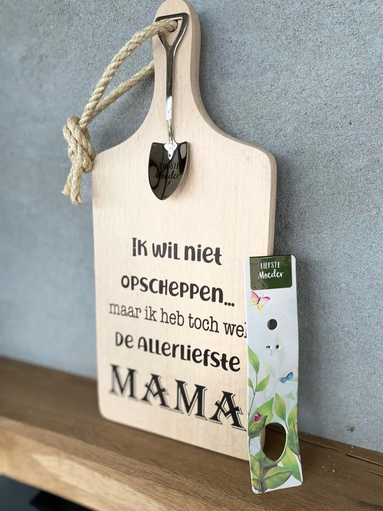 Serveerplankje met Lepeltje - Opscheppen Mama - 35 cm - Hout - Metaal