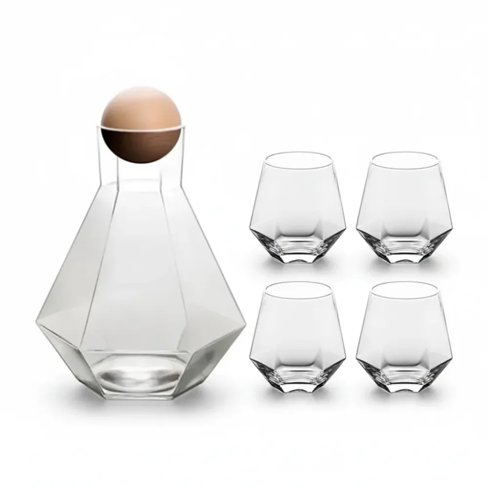 Set van 5 Diamantvormige Drinkglazen met Houten Stop