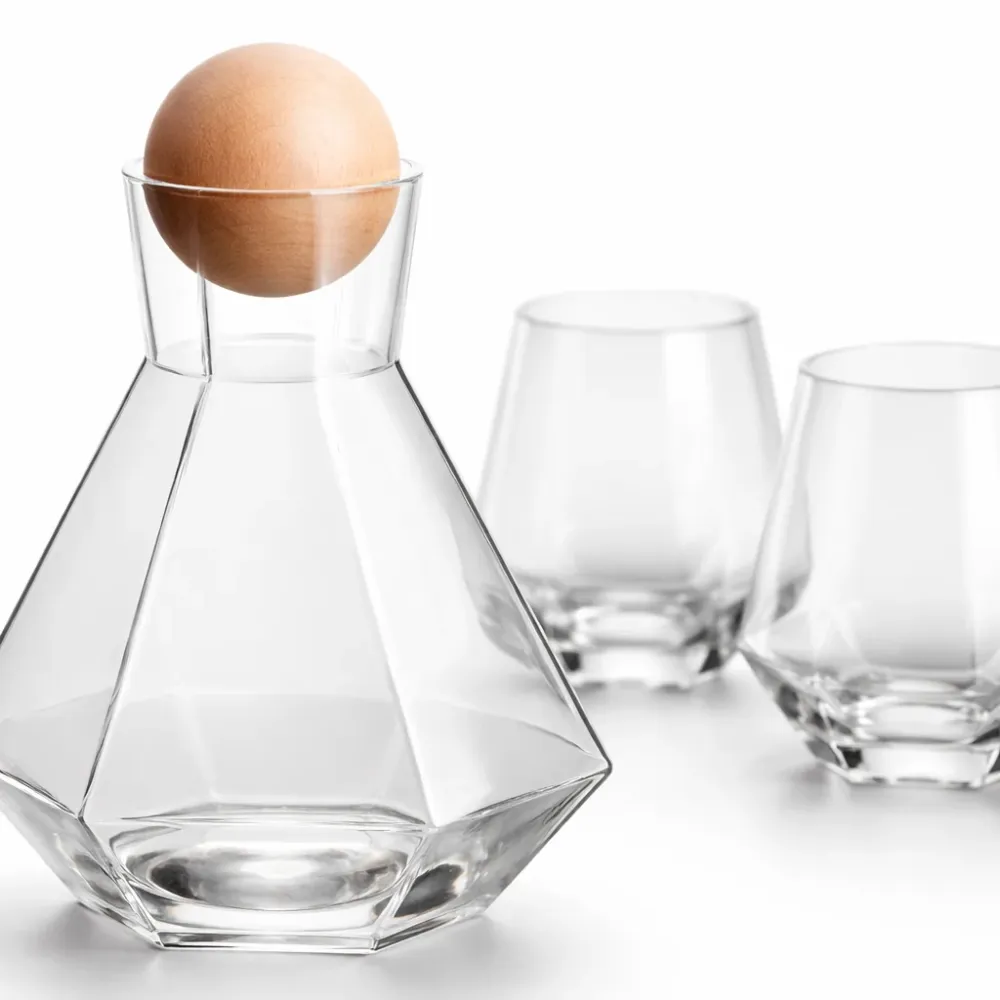 Set van 5 Diamantvormige Drinkglazen met Houten Stop