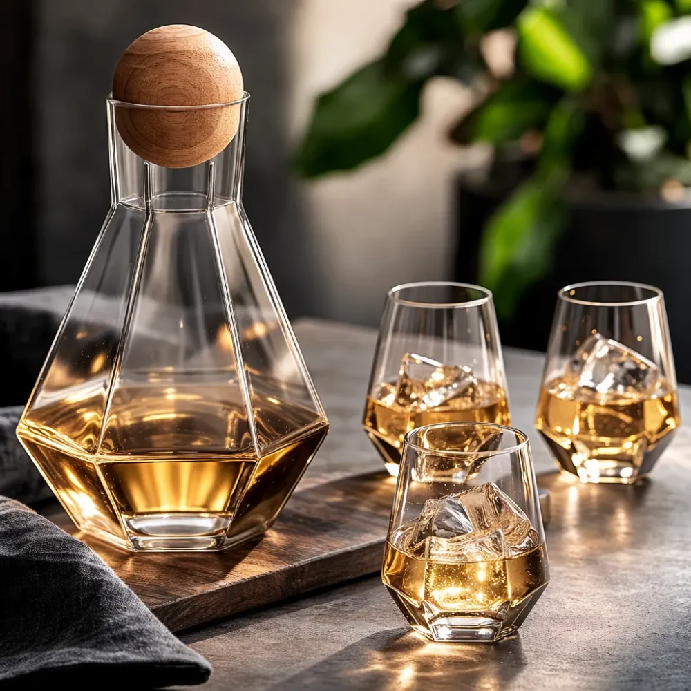 Set van 5 Diamantvormige Drinkglazen met Houten Stop