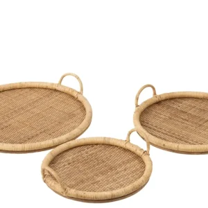 Set van 3 dienbladen ovaal riet/metaal natuurlijk
