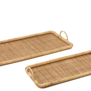 Set van 2 dienbladen rechthoekig rattan/metaal natuurlijk