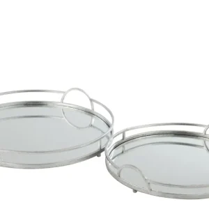 Set van 2 dienbladen ronde spiegel ijzer zilver