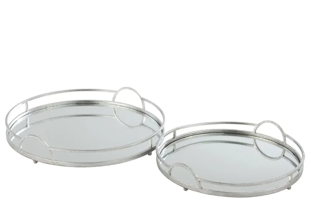 Set van 2 dienbladen ronde spiegel ijzer zilver