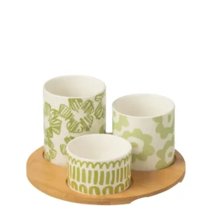 Set van 3 hapjes set + bamboe dienblad doos keramiek groen