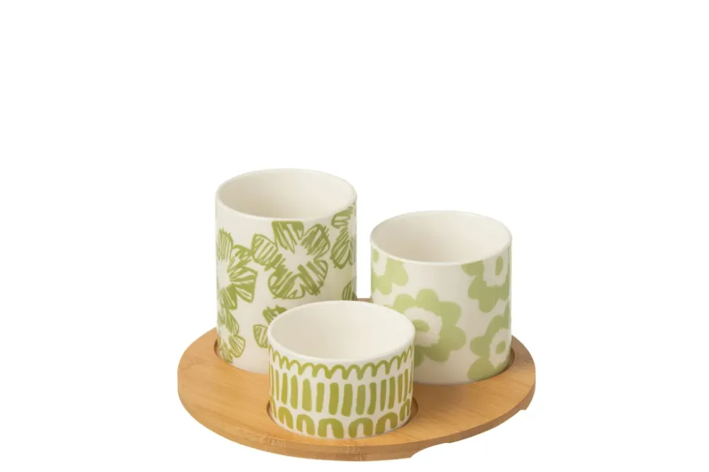 Set van 3 hapjes set + bamboe dienblad doos keramiek groen