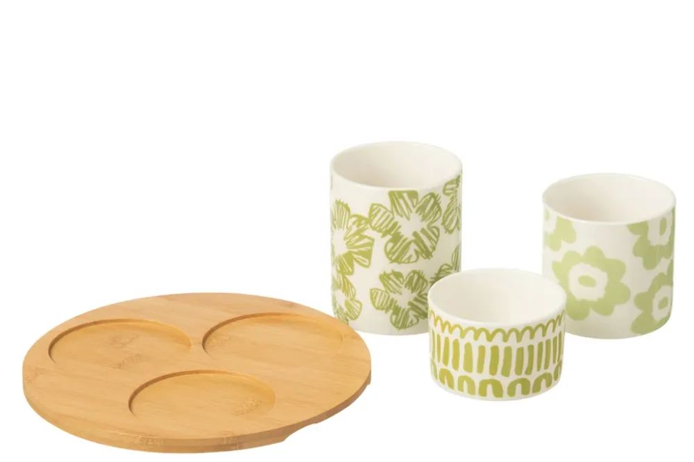 Set van 3 hapjes set + bamboe dienblad doos keramiek groen