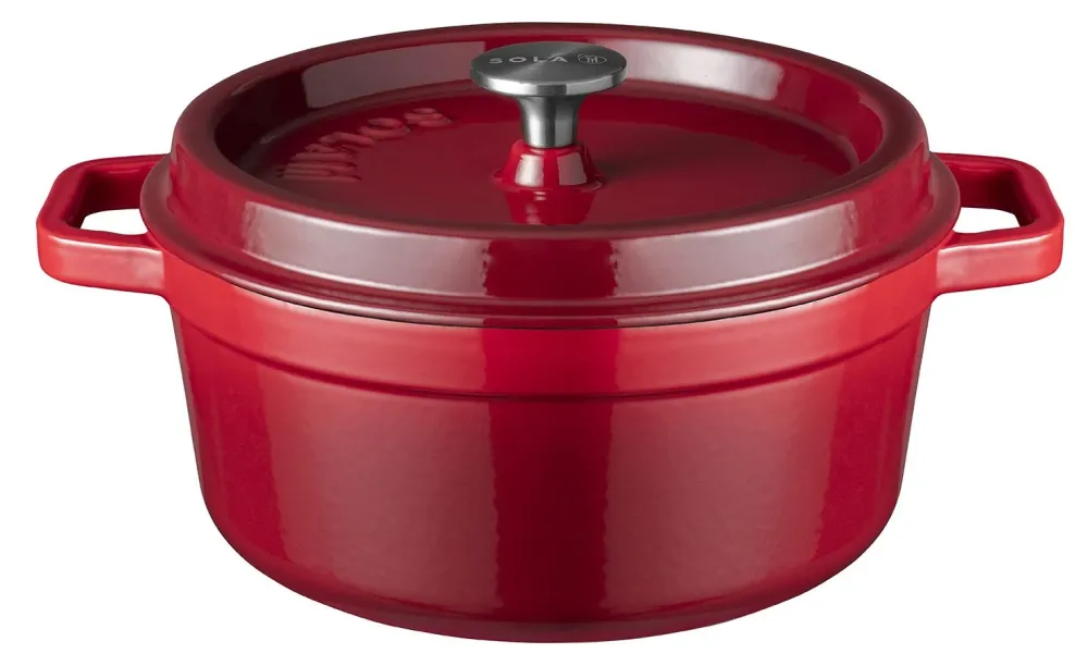 Sola Braadpan met deksel Gietijzer - Rood - ø 24 cm / 3.2 Liter - geëmailleerde anti-aanbaklaag