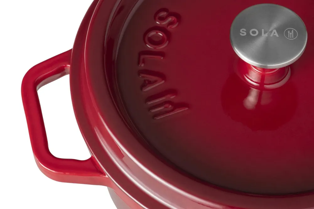 Sola Braadpan met deksel Gietijzer - Rood - ø 24 cm / 3.2 Liter - geëmailleerde anti-aanbaklaag