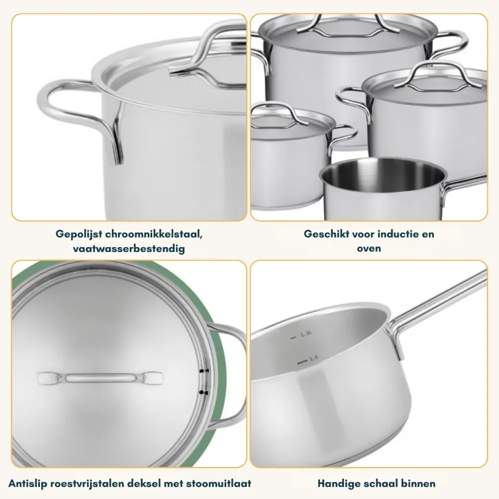 Sola Pannenset Mirage 4-Delig RVS - Kookpan ø 16, 18, 20 cm & Steelpan ø 16 cm - geschikt voor alle warmtebronnen