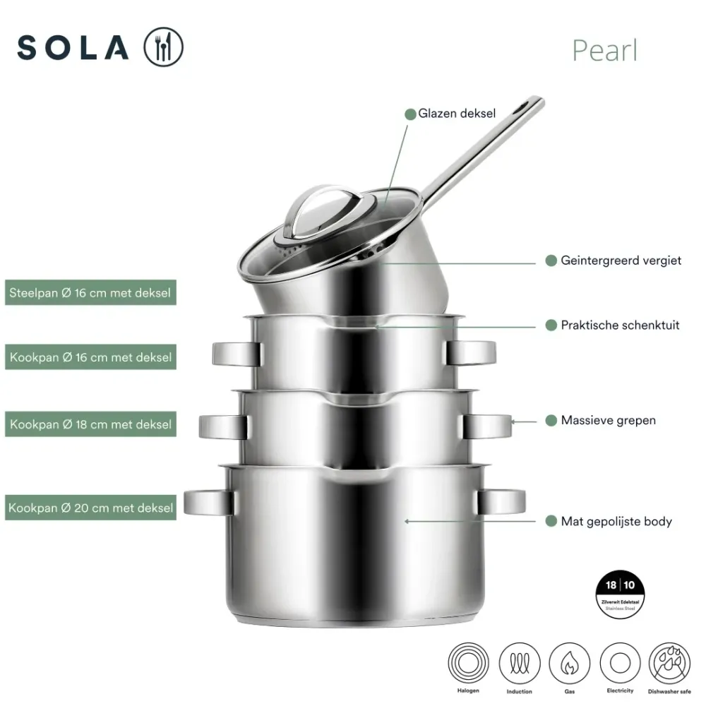 Sola Pannenset Pearl 6-Delig RVS - Downdraft geschikt - Kookpan ø 16, 18, 20 cm & Steelpan ø 16 cm + BEKA Koekenpan 24, 28...