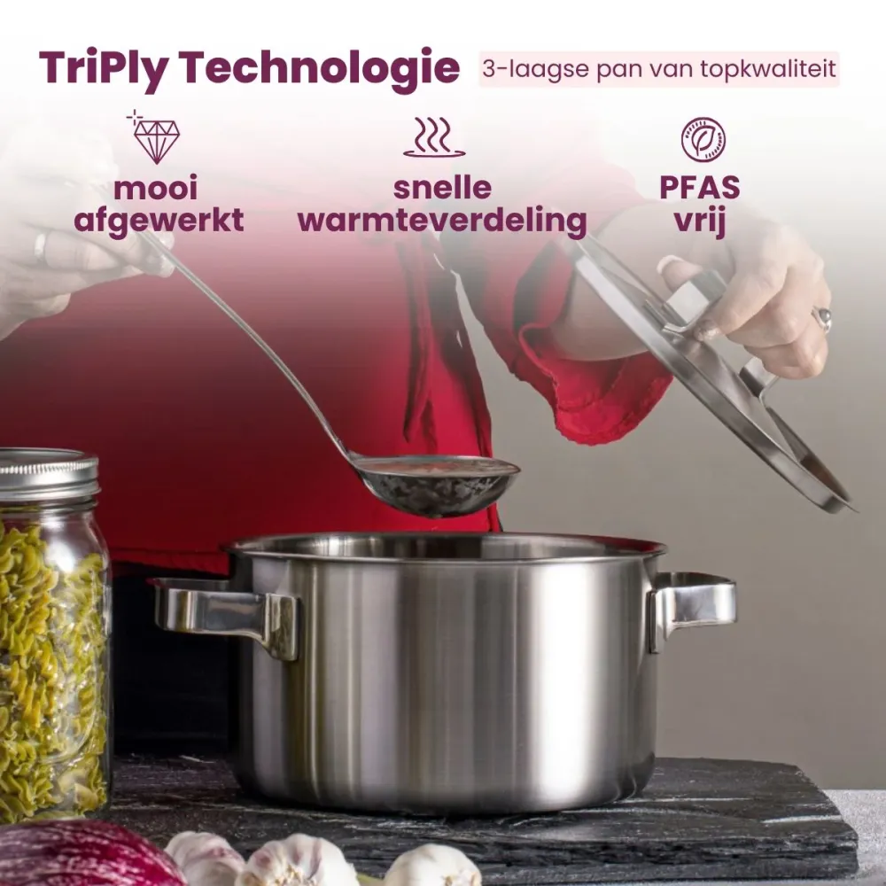 Sola Pannenset Ruby 7-Delig Premium Triply RVS - Kookpan ø 16, 18, 20 en 24 cm en Steelpan ø 16 cm & BEKA Koekenpannen Pro...