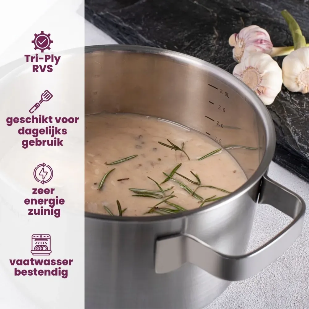 Sola Pannenset Ruby 7-Delig Premium Triply RVS - Kookpan ø 16, 18, 20 en 24 cm en Steelpan ø 16 cm & BEKA Koekenpannen Pro...
