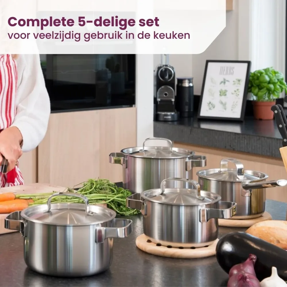 Sola Pannenset Ruby 7-Delig Premium Triply RVS - Kookpan ø 16, 18, 20 en 24 cm en Steelpan ø 16 cm & BEKA Koekenpannen Pro...