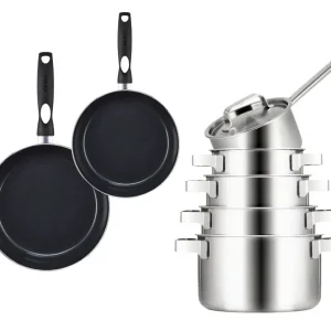 Sola Pannenset Ruby 7-Delig Premium Triply RVS - Kookpan ø 16, 18, 20 en 24 cm en Steelpan ø 16 cm & BEKA Koekenpannen Pro...
