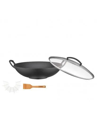 Spring Wok gietijzer met glazen deksel en accessoires - Ø350mm