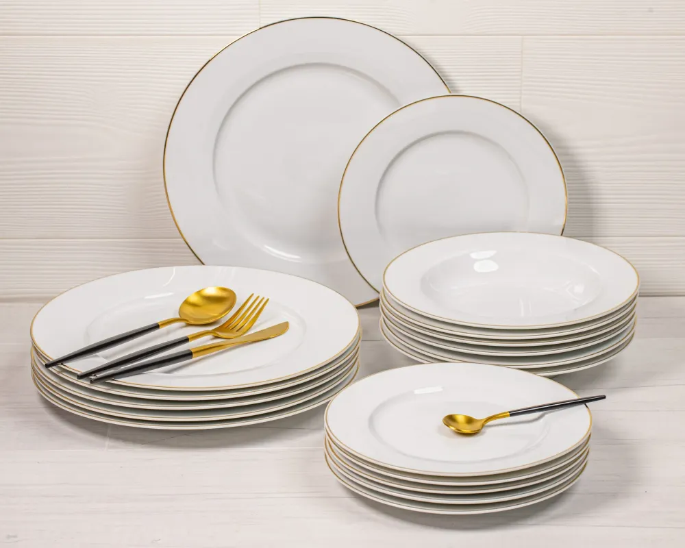 Studio Tavola Serviesset Wit / Goud 18-delig / 6 personen - 6 dinerborden, 6 diepe borden en 6 ontbijtborden