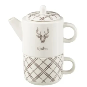 Theepot + Kop Rendier Raamdoos Keramiek Wit/Bruin
