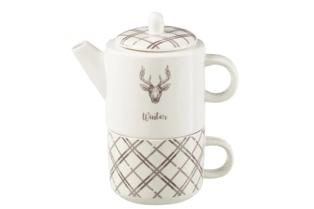 Theepot + Kop Rendier Raamdoos Keramiek Wit/Bruin