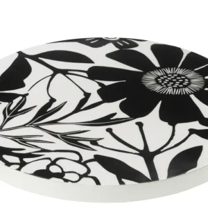 Tray Turning Round Floral Pattern Mango Wood Black/White