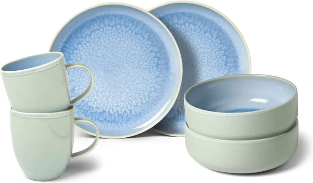 Villeroy & Boch Serviesset Crafted - Blueberry Turquoise - 6-delig / 2 personen - 2 ontbijtborden, 2 kommen & 2 mokken