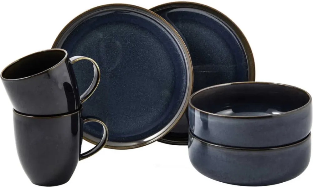 Villeroy & Boch Serviesset Crafted - Denim Blauw - 6-delig / 2 personen - 2 ontbijtborden, 2 kommen & 2 mokken
