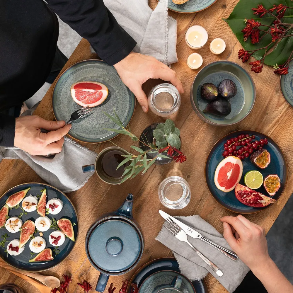 Villeroy & Boch Serviesset Crafted - Denim Blauw - 6-delig / 2 personen - 2 ontbijtborden, 2 kommen & 2 mokken