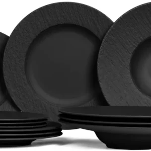 Villeroy & Boch Serviesset Manufacture Rock - Zwart 12-delig / 4 personen - 4 dinerborden, 4 ontbijtborden & 4 pastaborden