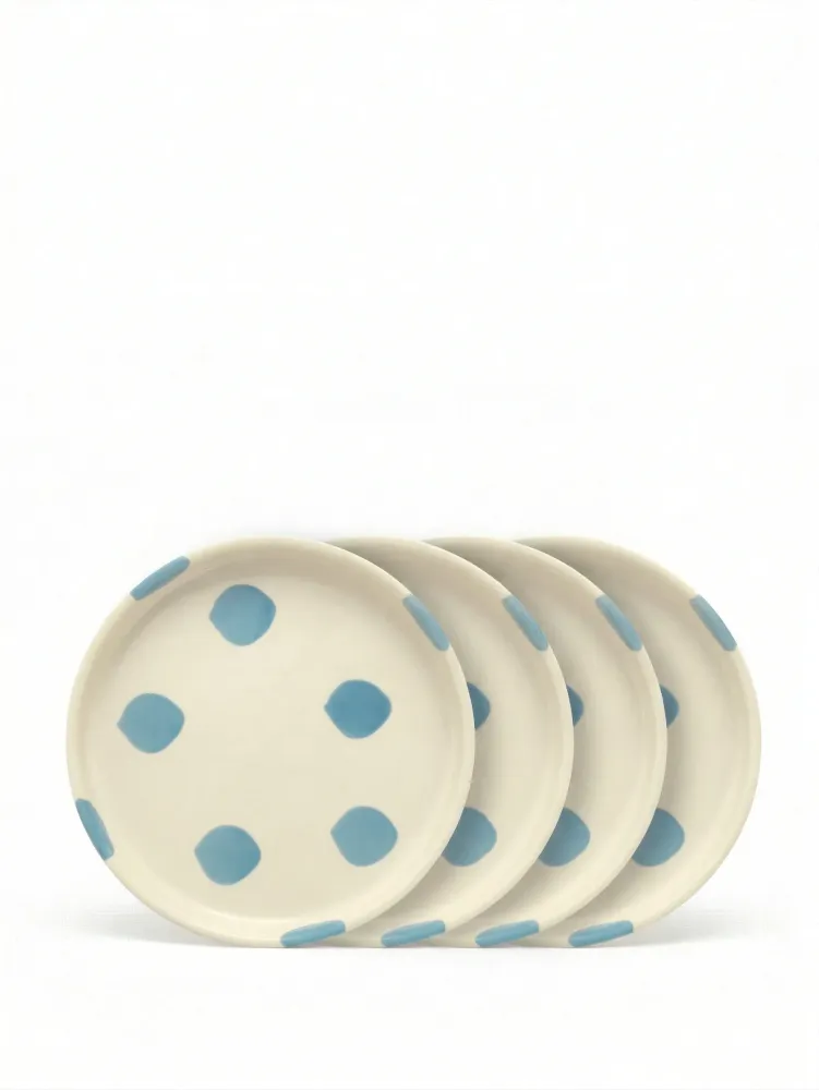 vtwonen - Gebaksbord - Stippen - Blauw - Keramiek - 13cm - Set van 4