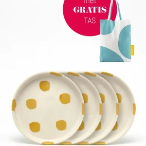 vtwonen - Gebaksbord - Stippen - Geel - Keramiek - 13cm - Set van 4
