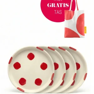 vtwonen - Gebaksbord - Stippen - Rood - Keramiek - 13cm - Set van 4