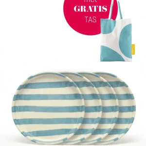 vtwonen - Gebaksbord - Strepen - Blauw - Keramiek - 13cm - Set van 4