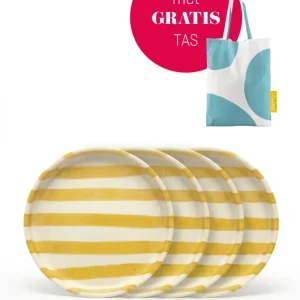 vtwonen - Gebaksbord - Strepen - Geel - Keramiek - 13cm - Set van 4