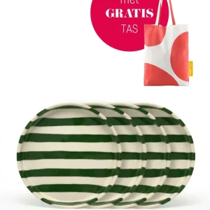 vtwonen - Gebaksbord - Strepen - Groen - Keramiek - 13cm - Set van 4