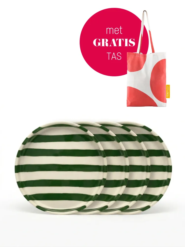 vtwonen - Gebaksbord - Strepen - Groen - Keramiek - 13cm - Set van 4