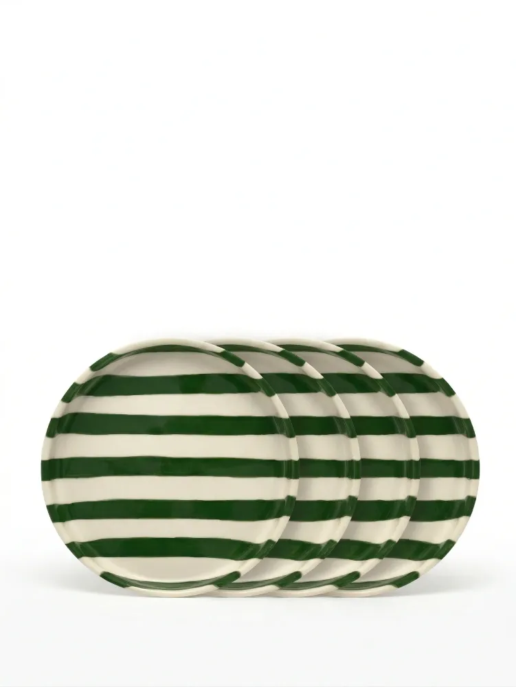 vtwonen - Gebaksbord - Strepen - Groen - Keramiek - 13cm - Set van 4