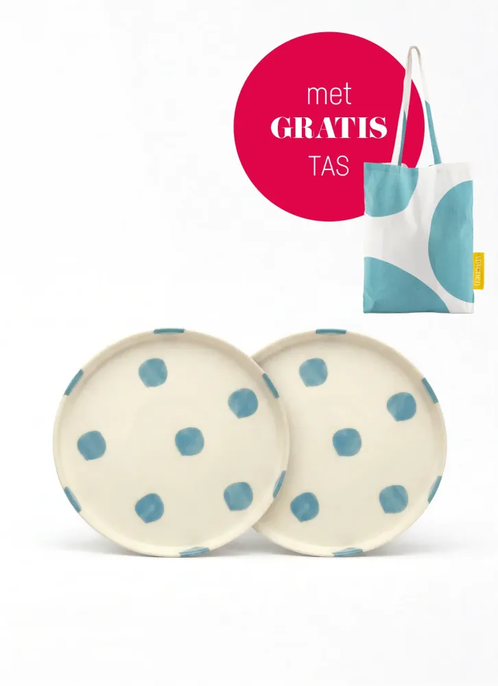vtwonen - Lunchbord - Stippen - Blauw - Set van 2 - Keramiek - 20cm