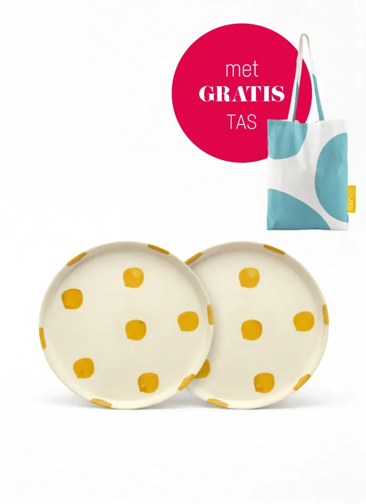 vtwonen - Lunchbord - Stippen - Geel - Set van 2 - Keramiek - 20cm