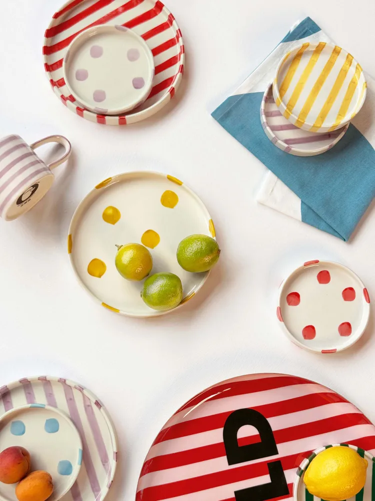 vtwonen - Lunchbord - Stippen - Geel - Set van 2 - Keramiek - 20cm